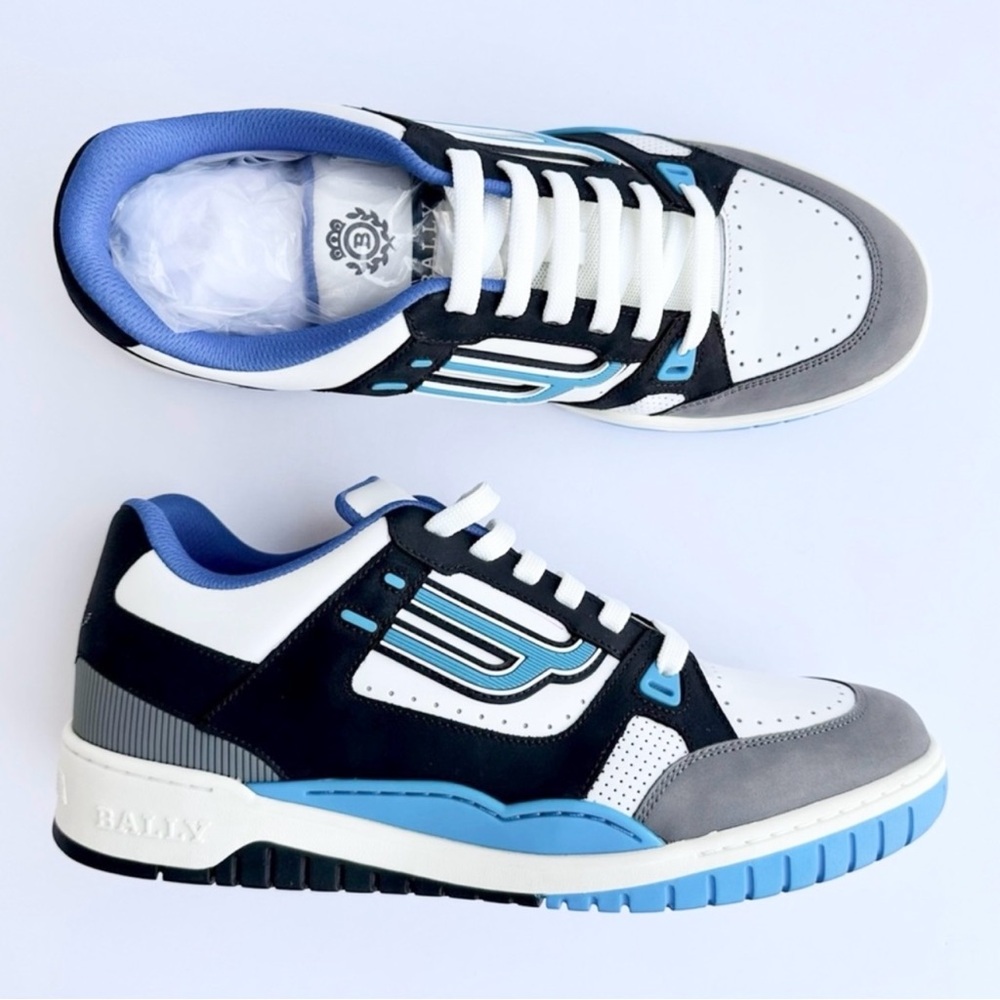 BALLY Men’s KUBA White Electric Blue Calf Plain Leather Low Top Sneakers NEW NIB